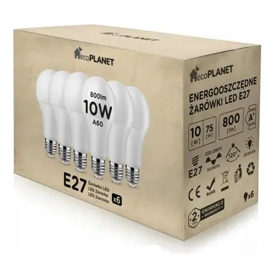 6x LED žárovka - ecoPLANET - E27 - 10W - 800Lm - neutrální bílá