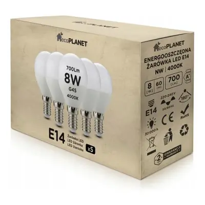 ecoPLANET 5x LED žárovka E14 - G45 - 8W - 700lm - neutrální bílá