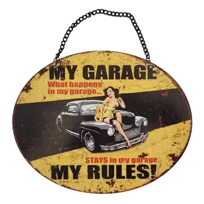 Závěsná žlutá kovová cedule My Garage My Rules - 25*20 cm