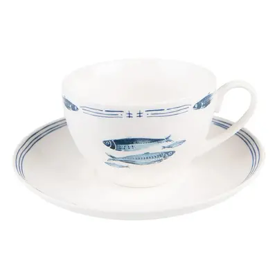 Porcelánový šálek s podšálkem s rybkami Fish Blue - 12*6*6 cm / Ø 15*2 cm / 250 ml