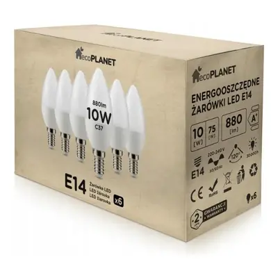 6x LED žárovka - ecoPLANET - E14 - 10W - svíčka - 880Lm - teplá bílá