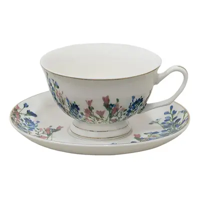 Porcelánový šálek s podšálkem a květy Floweries - 12*10*6 cm / Ø 15*2 cm / 250 ml