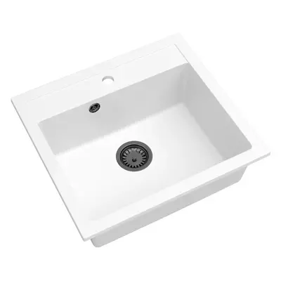 Sink Quality Ferrum, kuchyňský granitový dřez 565x510x205 mm + černý sifon, bílá, SKQ-FER.W.1K60