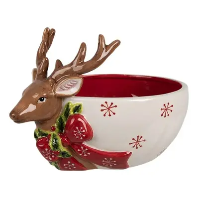 Dekorativní bíločervená keramická miska s jelenem Deer - 21*16*7 / 14 cm / 700 ml