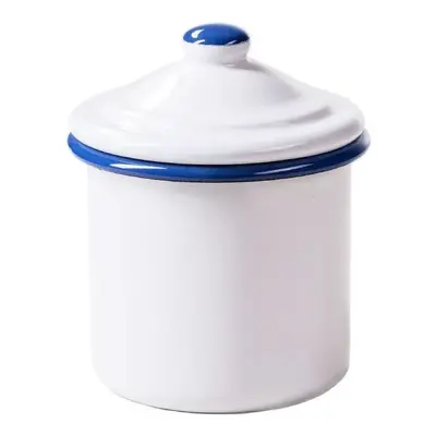 Bílá smaltovaná dóza s modrou linkou White blue - Ø8*11cm - 0,3L