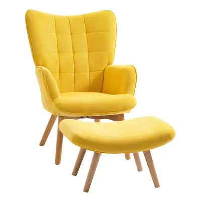 HOMCOM polohovatelné křeslo lounge wing chair s taburetem ve žluté barvě, křeslo s dřevěnými noh