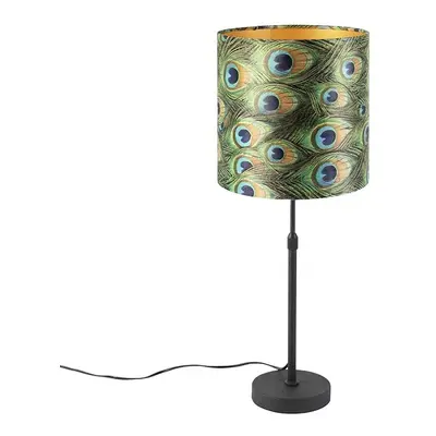 Stolní lampa černá s velurovým odstínem páv se zlatem 25 cm - Parte