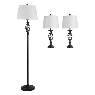 HOMCOM sada 3 lamp 2 stolní lampy 1 stojací lampa vintage černá bílá kovová bavlněná stolní lamp