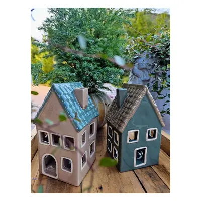 Hnědý porcelánový domek svícen na čajovou svíčku Candle House - 8*8*15 cm