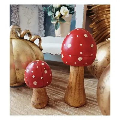 Červeno-hnědá dřevěná dekorace muchomůrka Mushroom M - Ø 6*13 cm