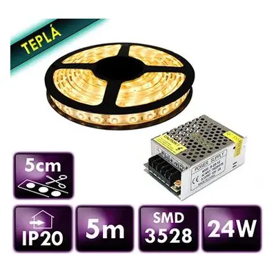 ECOLIGHT LED pásek - SMD 2835 - 5m - 60LED/m - 4,8W/m - IP20 - teplá bílá + zdroj