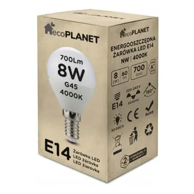 ecoPLANET LED žárovka E14 - G45 - 8W - 700lm - neutrální bílá