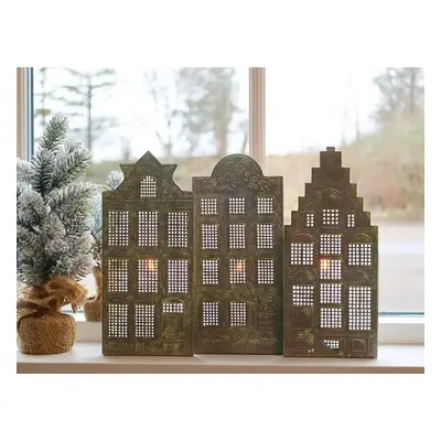 3ks mosazný antik kovový domek na svíčku Candle Houses - 12*12*27cm