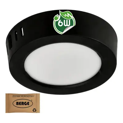 BERGE Kulatý LED panel černý - přisazený - 6W - PC - neutrální bílá