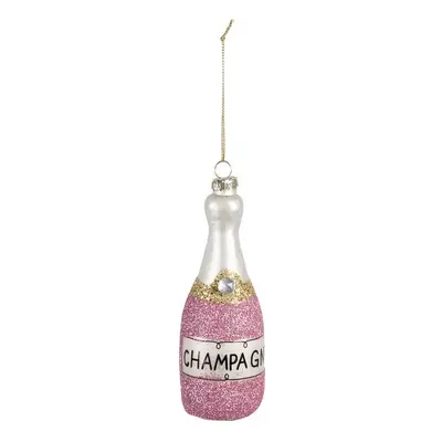 Růžová vánoční skleněná ozdoba láhev šampaňské Champagne - Ø 4*12 cm