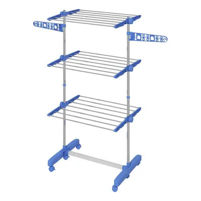 HOMCOM Sušička prádla věžová kolečka 3 úrovně skládací boční křídla ocelová modrá | Aosom
