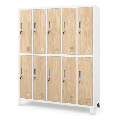 Plechová šatní skříňka na nožkách s 10 boxy BARTEK, 1360 x 1720 x 450 mm, Eco Design: bílá/ dub 