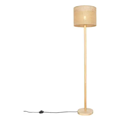 Venkovská stojací lampa dřevěná s lněným stínidlem natural 32 cm - Mels