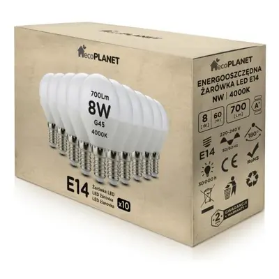 ecoPLANET 10x LED žárovka E14 - G45 - 8W - 700lm - neutrální bílá