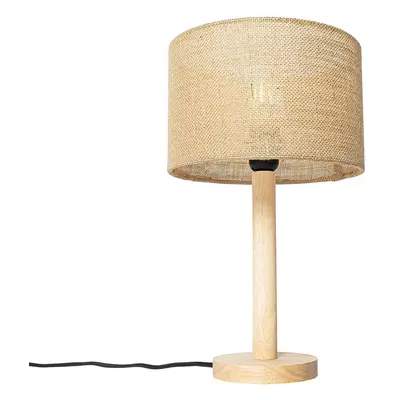 Venkovská stolní lampa dřevěná s lněným stínidlem natural 25 cm - Mels