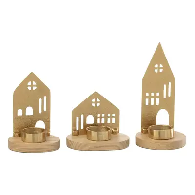 Set 3ks svícen domek na čajovou svíčku House gold - 9*9*19 cm