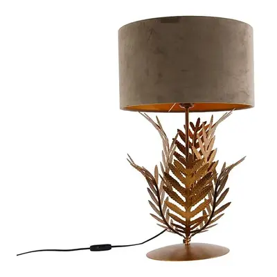 Vintage stolní lampa zlatá se sametovým odstínem taupe 35 cm - Botanica