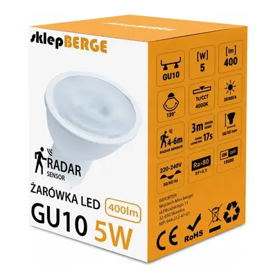 BERGE LED žárovka GU10 5W s pohybovým a soumrakovým senzorem