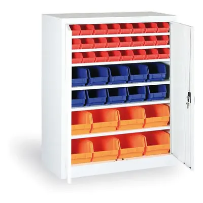 Skříň s plastovými boxy BASIC - 1150 x 400 x 920 mm, 16xA/12xB/8xC, šedá/šedé dveře