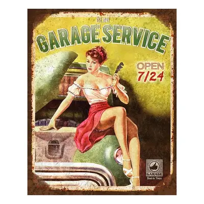 Zeleno-žlutá nástěnná kovová cedule Garage Service - 20*1*25 cm