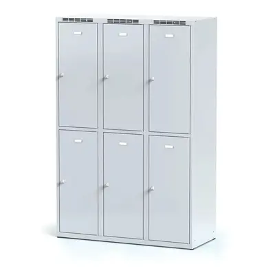 Alfa 3 Šatní skříňka s úložnými boxy, 6 boxů, 1800 x 1200 x 500 mm, otočný zámek, šedé dveře