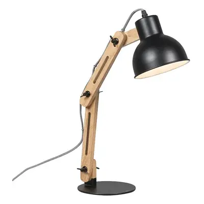 Průmyslová stolní lampa černá se dřevem - Woodi