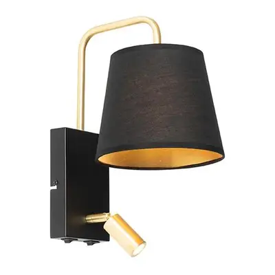 Moderní nástěnná lampa černo-zlatá s lampičkou na čtení - Renier