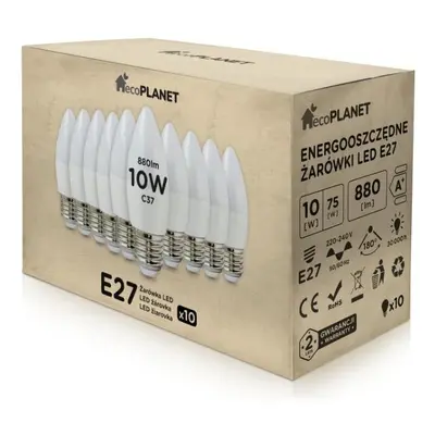 10x LED žárovka - ecoPLANET - E27 - 10W - svíčka - 880Lm - teplá bílá