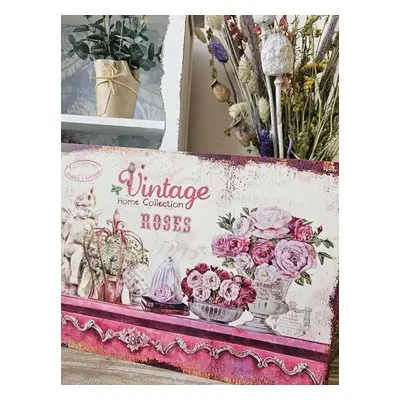 Růžová nástěnná kovová cedule s růžemi Vintage Roses - 33*25 cm