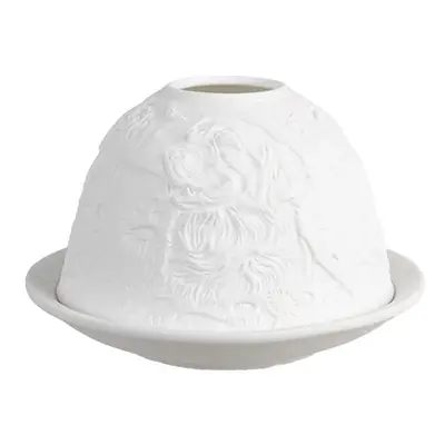 Bílý porcelánový svícen na čajovou svíčku s pejsky na louce Paollo - Ø 12 * 8 cm