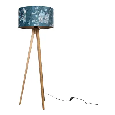 Stojací lampa na třínožce, vintage dřevo, sametový stínidlo s motivem ryb, 50 cm - Tripod Classi