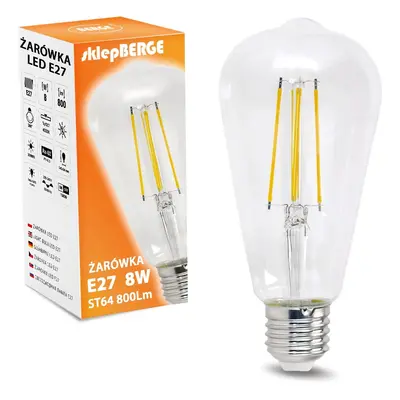 BERGE LED žárovka E27 ST64 8W neutrální bílá