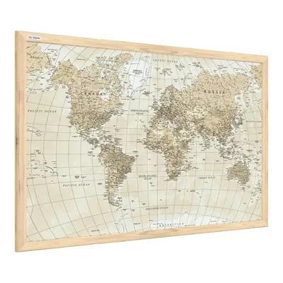 Allboards,Magnetický obraz- mapa světa béžové pastelové barvy 60x40cm v přírodním dřevěném rámu,