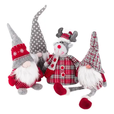 Vánoční dekorační postavičky, set 4 ks, látka, červená/šedá/bílá, DOLL