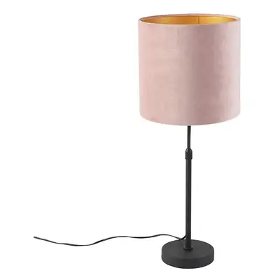 Stolní lampa černá s velurovým odstínem růžová se zlatem 25 cm - Parte