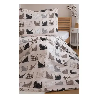 Povlečení z Renforcé bavlny PATTERNED CATS béžové Rozměr povlečení: 2 ks 70 x 90 cm | 200 x 220 