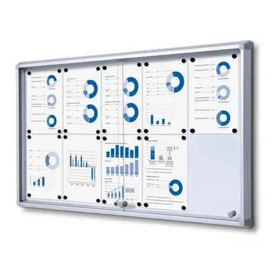 Interiérová informační vitrína s posuvnými dveřmi 10 x A4 - plechová záda, hliník
