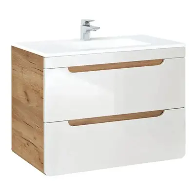 COMAD Závěsná skříňka s umyvadlem - ARUBA 821 white, šířka 80 cm, dub craft/lesklá bílá