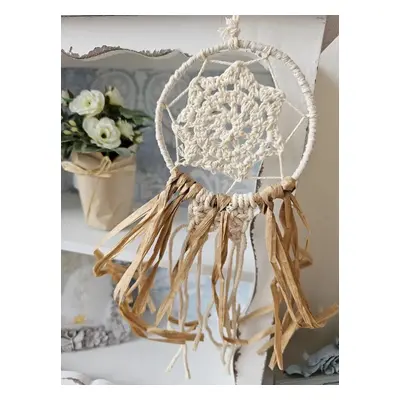 Béžovo-hnědý lapač snů s lýkovými proužky a Macramé - Ø 9*30 cm