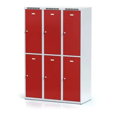 Alfa 3 Šatní skříňka s úložnými boxy, 6 boxů, 1800 x 1200 x 500 mm, otočný zámek, červené dveře