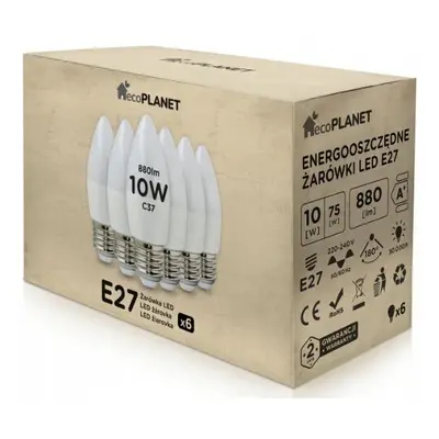 6x LED žárovka - ecoPLANET - E27 - 10W - svíčka - 880Lm - teplá bílá