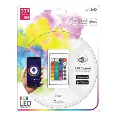 Set: Chytrý LED pásek 7,2W/m, RGB, WIFI, IP65, délka 5m s dálkovým ovládáním a zdrojem