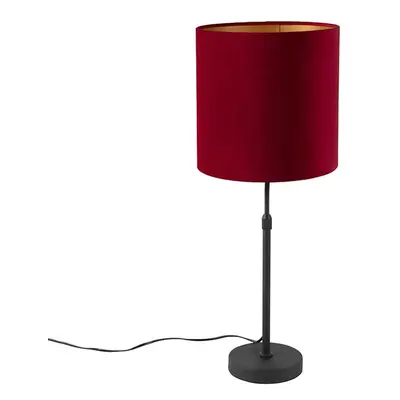 Stolní lampa černá s velurovým odstínem červená se zlatem 25 cm - Parte