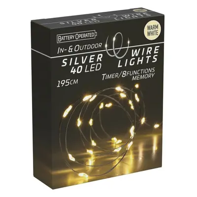 Světelný drát s časovačem Silver Wire, 40 LED, teplá bílá, 195 cm