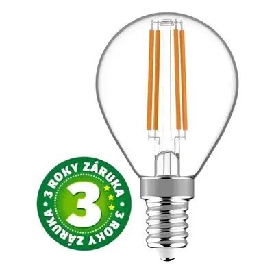 Prémiová retro LED žárovka E14 4,5W 470lm G45 teplá, filament, ekv. 40W, 3 roky